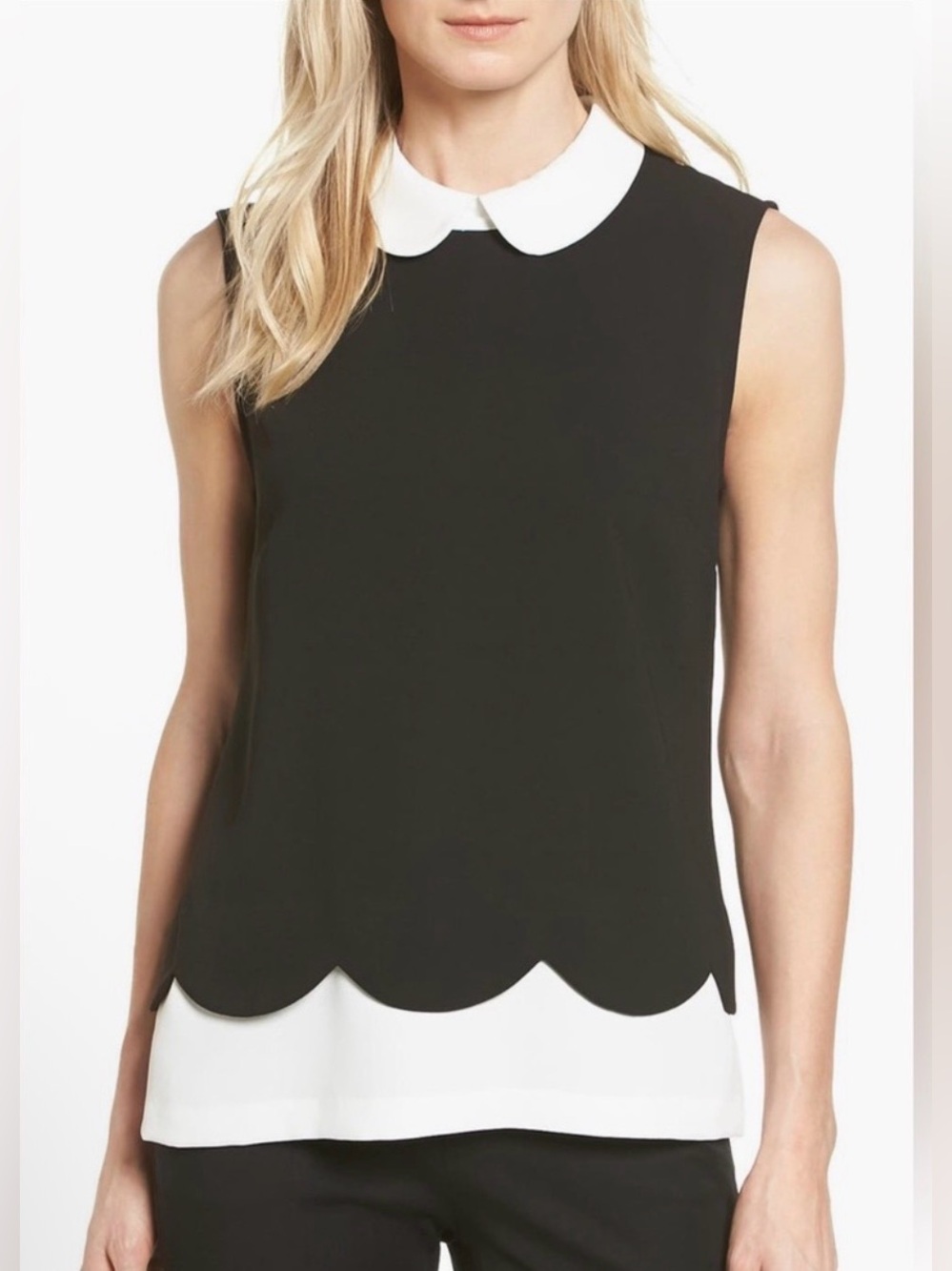 CeCe scallop detail layered sleeveless blouse featuring a white Peter Pan collar